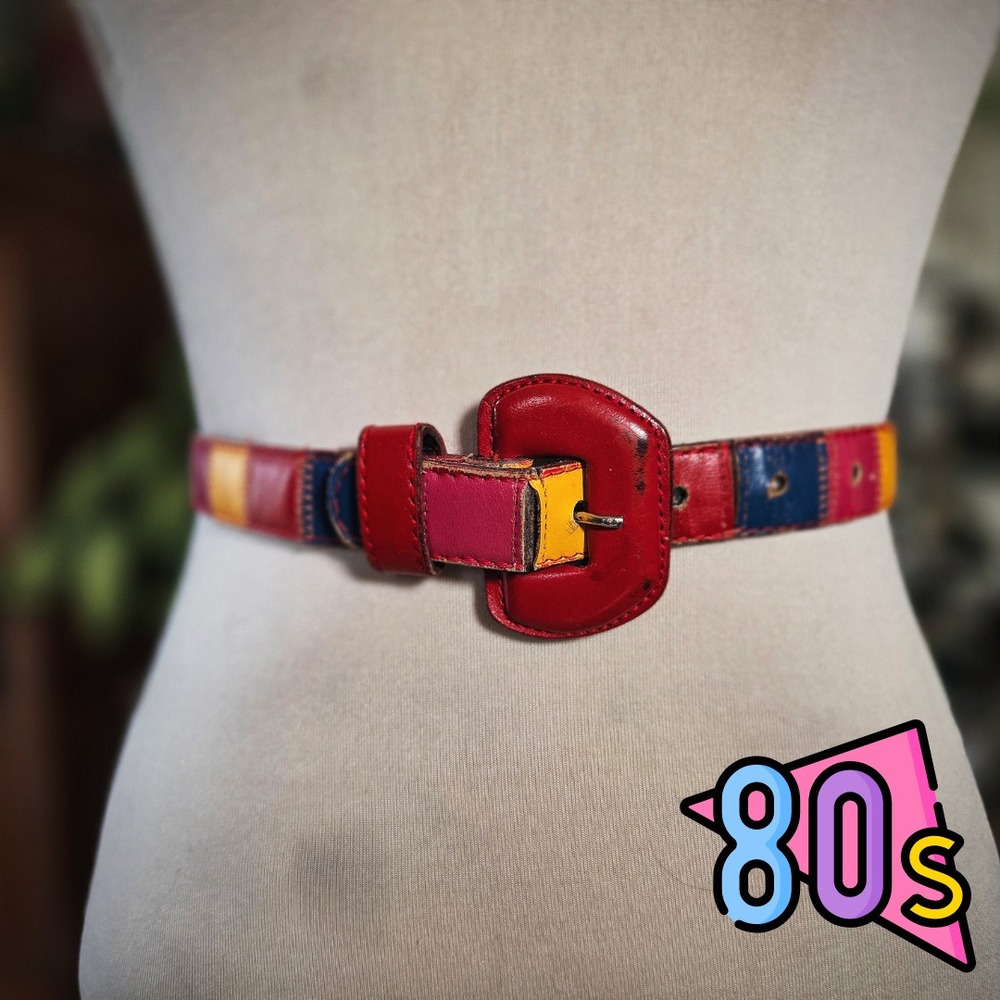 Carole Little Patchwork Leather Belt Vintage 80s Womens Multi Color Boho 24-28